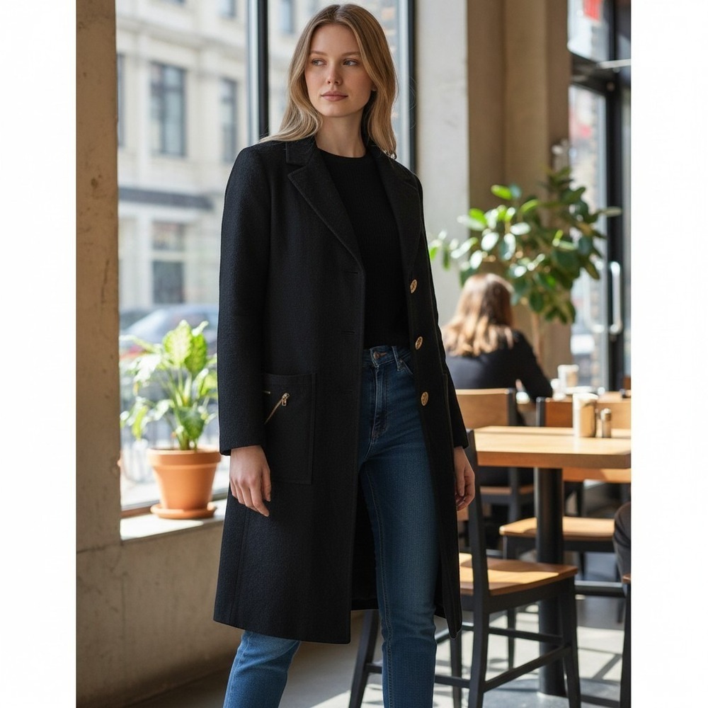 Vintage A Trigere Women's M Faux Suede Coat Black Longline Chic Mod Dark
